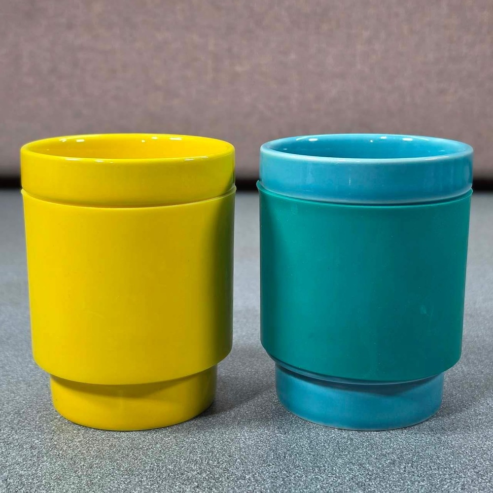LEGO Ceramic Mug Set Yellow & Teal Excellent Stackable Stoneware 2021